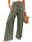 Calças femininas Palazzo ANRABESS, de linho, perna larga, verde-oliva, média Calças femininas Palazzo ANRABESS, de linho, perna larga, verde-oliva, média