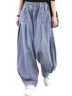 Calças Harem, jeans, elástico, cintura larga, perna larga, azul, azul Calças Harem, jeans, elástico, cintura larga, perna larga, azul, azul