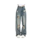 Calças Jeans Americanas Retro De Cintura Alta E Pernas Largas Com Detalhes Furados Para Mulheres
