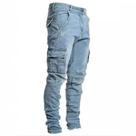 Calças Jeans Slim Fit Masculinas Com Múltiplos Bolsos, Casual, Lavadas, Em Cor Sólida, Calças Cargo Calças Jeans Slim Fit Masculinas Com Múltiplos Bolsos, Casual, Lavadas, Em Cor Sólida, Calças Cargo