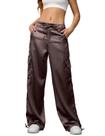 Calças Perfashion Coffee Satin Cargo Wide Leg para mulheres