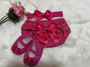 Calcinha Bunda Rica Bebê + Sapatinho + Faixa Cabeça com laço Tapa Fralda Bebe Roupa Infantil Menina