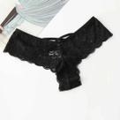 Calcinha Tanga com Laços Rendas Bordadas Lingerie Sexy Preta