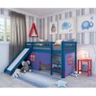 Cama Alta Infantil com Escorregador e Tenda em Madeira Maciça/MDF Azul