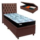 Cama + Bau Marrom e Colchão Molas Ensacadas Solteiro - Life Gold Paropas + Cabeceira