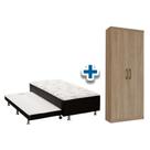 Cama Box Solteiro Conjugado Ortobom Black c/ Auxiliar + Armário Multiuso Margarida Rústico