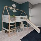 Cama Cabana Infantil Elevada com Escorregador Arredus Madeira Maçica / MDF Branco/Natural