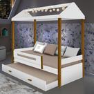 Cama Casa Sara Branco/Mel com Cama Auxiliar com 2 colchões e LED
