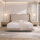 Cama Casal Viena Estofada com Pés de Ferro, Madeira Maciça e Visual Estilo Flutuante