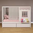 Cama Casinha Gavetas Cortina Madeira Branco-Rosa