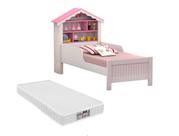 Cama Casinha Solteiro Menina Prateleiras Organizadoras Resistente com Colchão Solteiro
