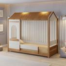 Cama Casinha Solteiro Reversível com Grade e Janela de Led Aria Casatema Madeiraoriginals Nogueira/Branco