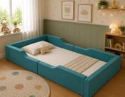 Cama Chão Montessoriana Solteiro Verde Água Estofada D26 proteção Lateral