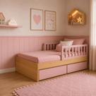 Cama com Duas Gavetas e Proteção Lateral Play Rosa com Carvalho Malva