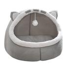 Cama de gato meio fechada, fofa com orelhas de gato, macia, pelúcia, cinza