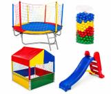 Cama Elástica Pula Pula Trampolim 2,30m Nacional Premium + Piscina de Bolinhas Quadrada 1,00m + 500 Bolinhas Coloridas + Escorregador Médio