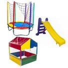 Cama Elástica Pula Pula Trampolim Pequena 1,40m Piscina de Bolinhas Quadrada 1,00m Escorregador Médio