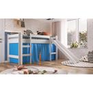 Cama Elevada com Escorregador Branco com Cortina Azul