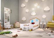 Cama Infantil Belíssima Branca e Azul com 2 Luminárias e Colchão Divaloto