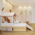 Cama Infantil com Casinha e Escorregador Play Rosa com Carvalho Malva Cama Infantil com Casinha e Escorregador Play Rosa com Carvalho Malva