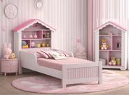 Cama Infantil Com Estante Casinha MDF Rosa Branco Montessoriana Organização Quarto Menina