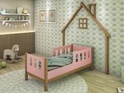 Cama Infantil Com Grade Lateral Moldura de Casinha Rosa