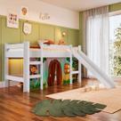 Cama Infantil Elevada com Escorregador Branco e Cortina Estampada Zoo Completa Móveis