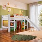 Cama Infantil Elevada com Escorregador Branco e Cortina Estampada Zoo Completa Móveis
