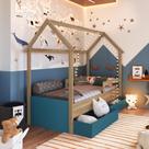Cama Infantil Montessoriana Casinha Solteiro Menino Menina com Proteção Lateral e Gavetas com Rodas Aveiro com Azul