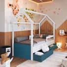 Cama Infantil Montessoriana Casinha Solteiro Menino Menina com Proteção Lateral e Gavetas com Rodas Branco com Azul