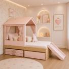 Cama Infantil Nicho e Gaveta com Casinha e Escorregador Play Rosa com Carvalho Malva