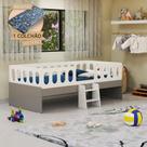 Cama Juvenil Lara Solteiro Criança com Escadinha e Colchão Branco e Cinza - Baby Mobília