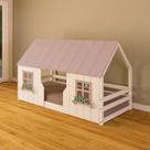Cama Montessori Casinha Encantada com Telhado e Janela Madeira Maciça Branco-rosa Housin