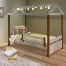 Cama Montessoriana Solteiro Casinha Eliz com Led Grade de Proteção e Colchão Branca/mel