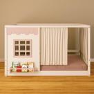 Cama Montessoriano Casinha Reta com Janela e Cortina Madeira Maciça Branco/Rosa Housin