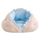 Cama para animais de estimação, pelúcia aconchegante com borda de babados, xadrez rosa/azul