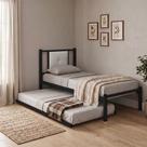 Cama Solteiro Bruna Estilo Militar 100% Aço Preto com Cama Auxiliar e Cabeceira Estofada Branco