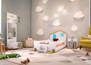 Cama Solteiro Casinha Belíssima Branco/Mel e Azul com 2 Luminárias - Divaloto