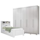 Cama Solteiro com Gavetas Invicta com Guarda Roupa Master 8 Portas 4 Gavetas com Pés Branco Brilho - Santos Andirá