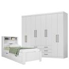 Cama Solteiro com Gavetas Invicta com Guarda Roupa Master 8 Portas 6 Gavetas Branco Brilho - Santos Andirá