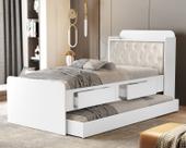 Cama Solteiro em MDF com estrado de madeira Tamires Capitone Com Gavetas Bau e Cama Auxiliar Design Moderno Para Quarto