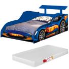 Cama Solteiro Infantil Junvenil 188 x 88 cm Com Colchão Menino Carro Corrida Stock Car Azul Facil Acesso Quarto de Criança proteção lateral