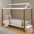 Cama Solteiro Montessoriana Casinha Eliz com Colchão e Grade de Proteção - Branco/mel