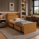 cama solteiro tamires com duas gavetas e prateleira e bau para quarto moderna