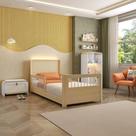 Cama Solteiro Wave Juvenil Reversível Led com Rattan, Grade de Proteção e Peseira Palito Casatema Branco/Natural