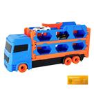 Caminhao Cegonha Transport com 2 Carrinhos Miniatura DM Toys Vira Pista e Ejeta os Carros Brinquedo
