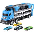 Caminhão cegonha Truck 2 em 1 vira pista de corrida com lançador + 6 carrinhos