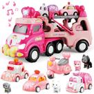 Caminhão transportador de brinquedos seveclotree 9 em 1 com carros e animais para meninas