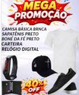 Camisa básica branca+boné da fé preto+relógio digital+carteira