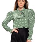 Camisa Blusa Feminina Manga Longa Bufante Com Gola Laço Poa